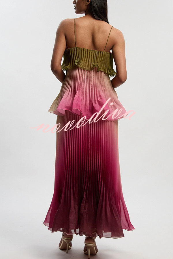 Exquisite Pleated Organza Gradient Print Layered Ruffles Slip Maxi Dress