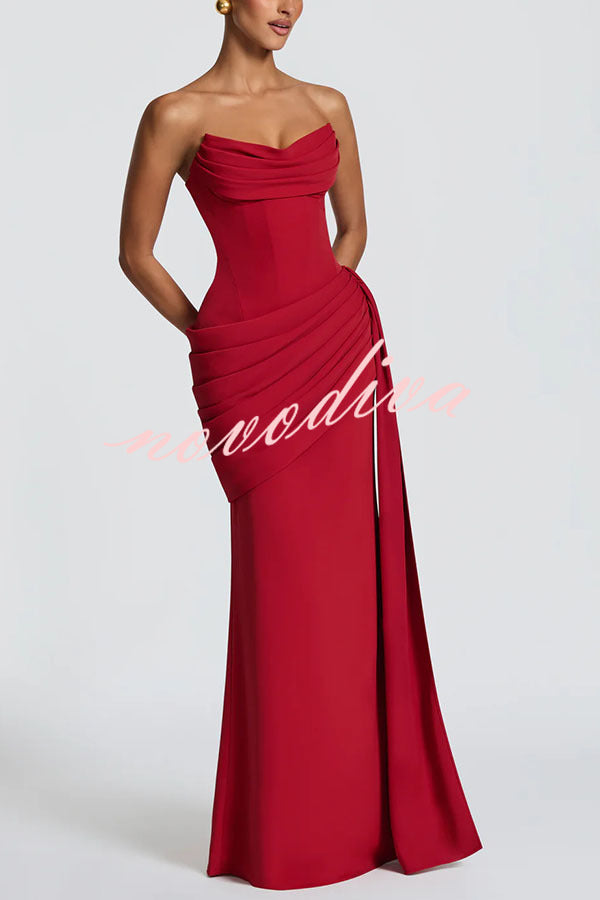 Matisse Strapless Pleated Cowl Overlay Back Lace-up Drape Panel Maxi Dress