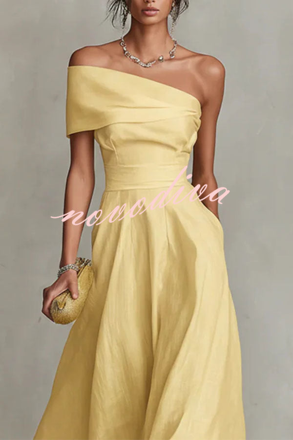 Chic One-Shoulder A-Line Midi Dress with Pockets
