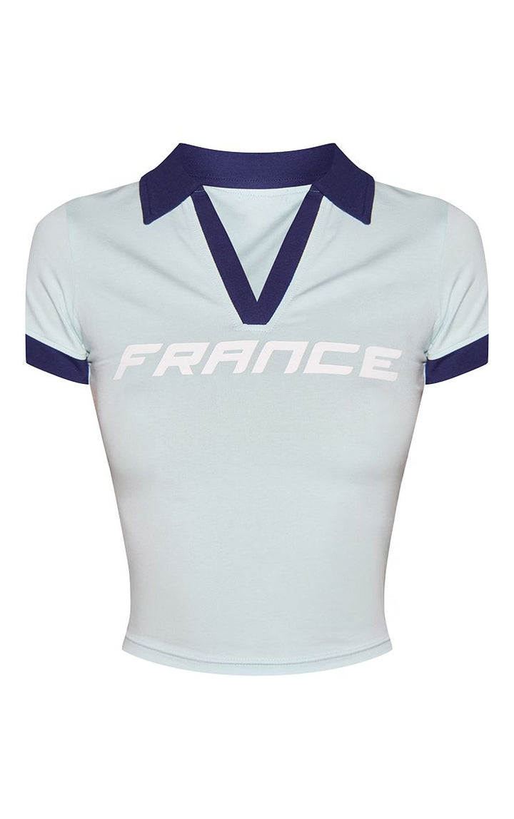 Korte Mouw Top met Contrastbies en France Logo