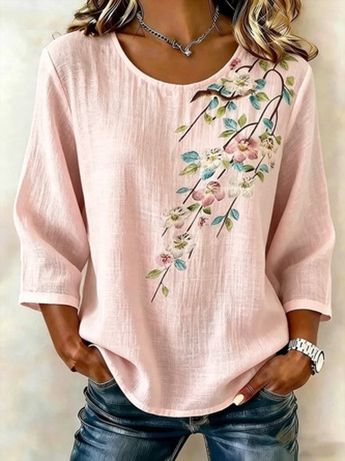 Ronde Hals Blouse met 3D Print en Korte Mouw – Luchtig & Wij