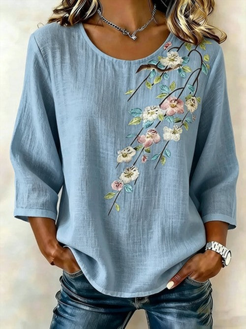 Ronde Hals Blouse met 3D Print en Korte Mouw – Luchtig & Wij