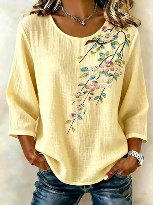 Ronde Hals Blouse met 3D Print en Korte Mouw – Luchtig & Wij