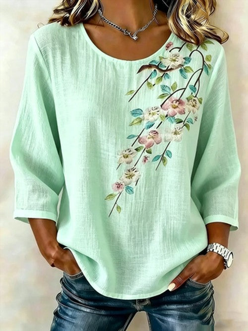 Ronde Hals Blouse met 3D Print en Korte Mouw – Luchtig & Wij