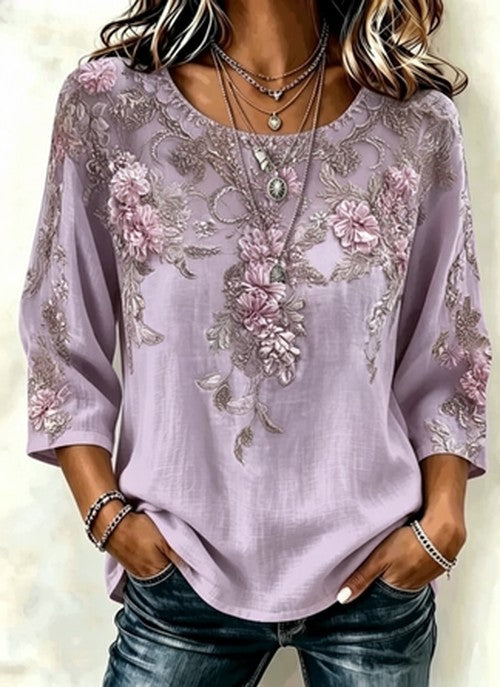Blouse met ronde hals, driekwart mouw en 3D-print – Regular