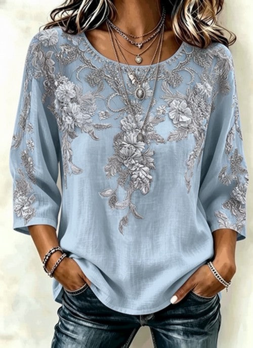 Blouse met ronde hals, driekwart mouw en 3D-print – Regular