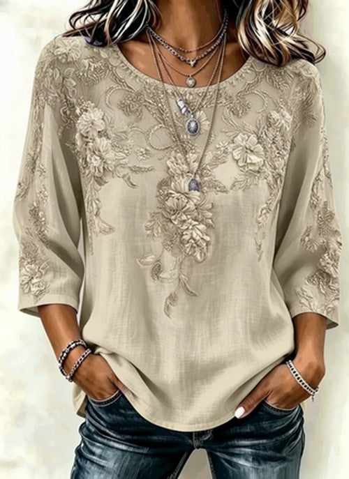 Blouse met ronde hals, driekwart mouw en 3D-print – Regular