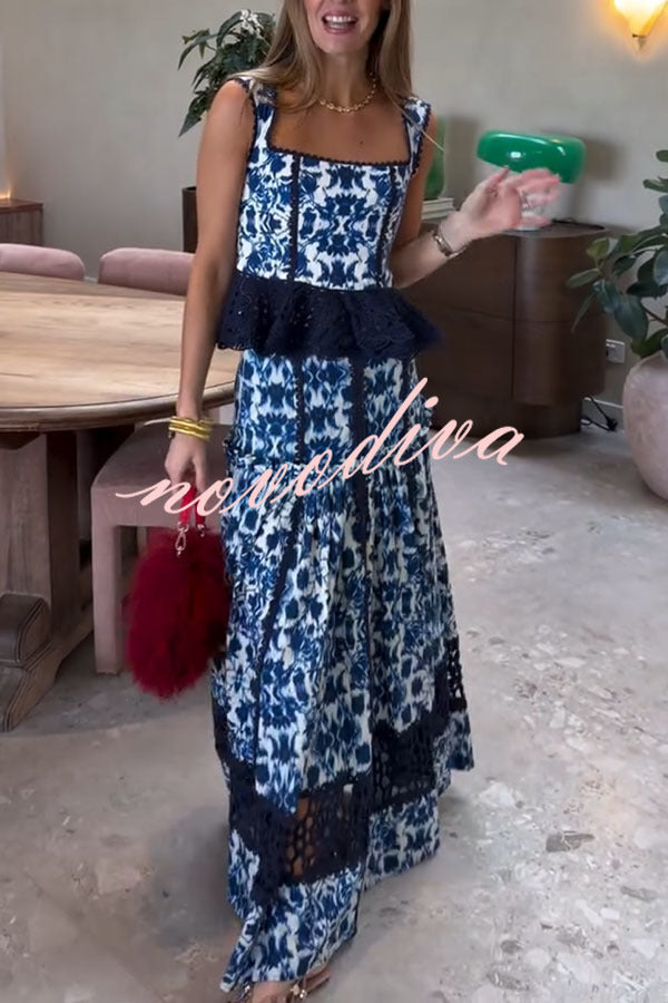 Giselle Floral Print Crochet Lace Trim Smocked Tank and Elastic Waist A-line Maxi Skirt Set