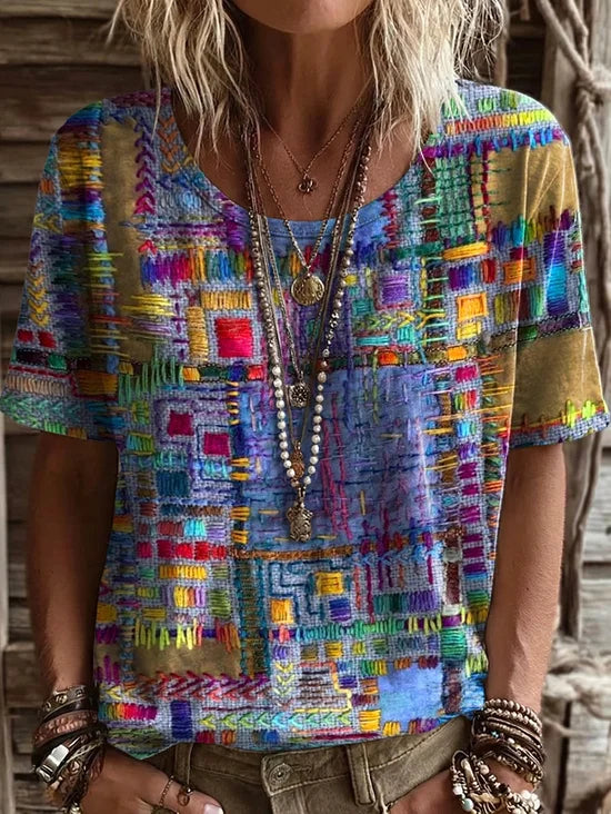 Dames T-shirt Paars Abstract Print Korte Mouw Jersey