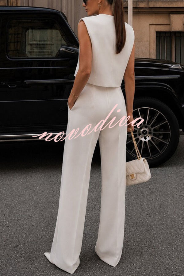 Office Hours V-neck Button Tank and Pleated High Rise Pocket Loose Pants Set