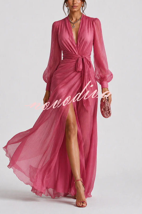 Sunset Elegance: Sheer Long Sleeve Wrap Dress in Hot Pink