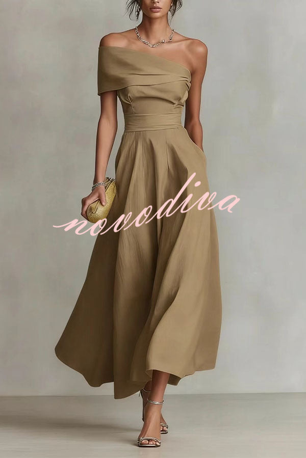 Chic One-Shoulder A-Line Midi Dress with Pockets