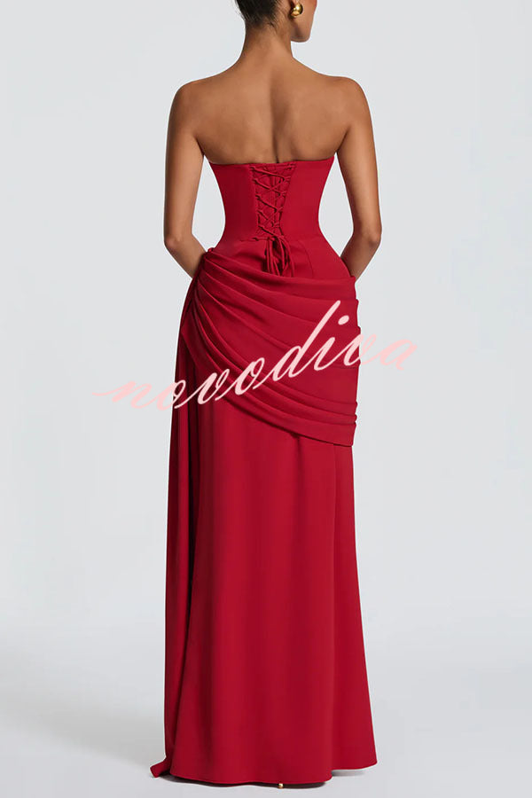 Matisse Strapless Pleated Cowl Overlay Back Lace-up Drape Panel Maxi Dress