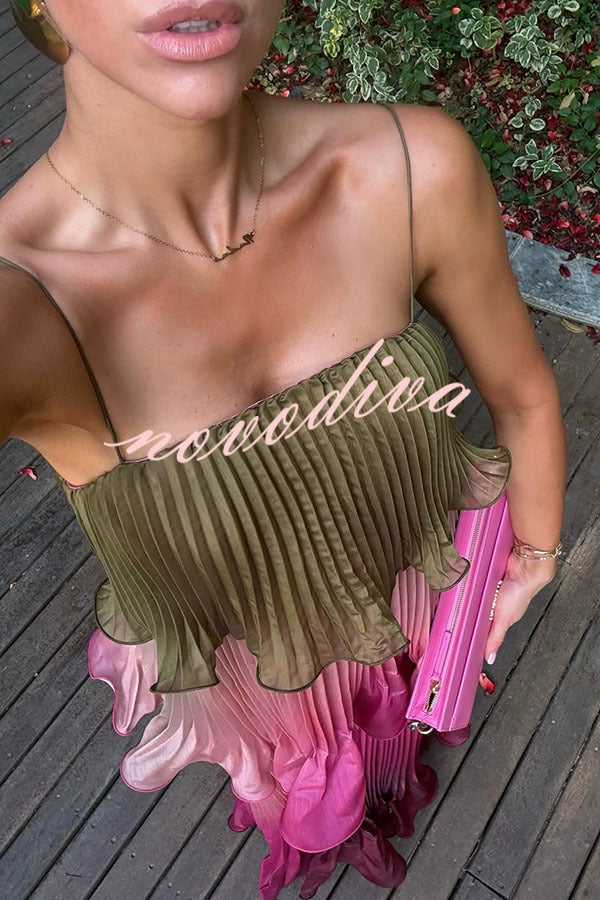 Exquisite Pleated Organza Gradient Print Layered Ruffles Slip Maxi Dress