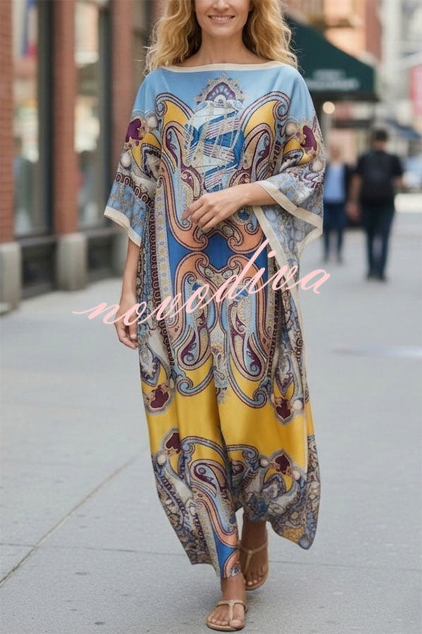 Luxury Vacation Satin Court-style Printed Batwing Sleeve Loose Kaftan Maxi Dress