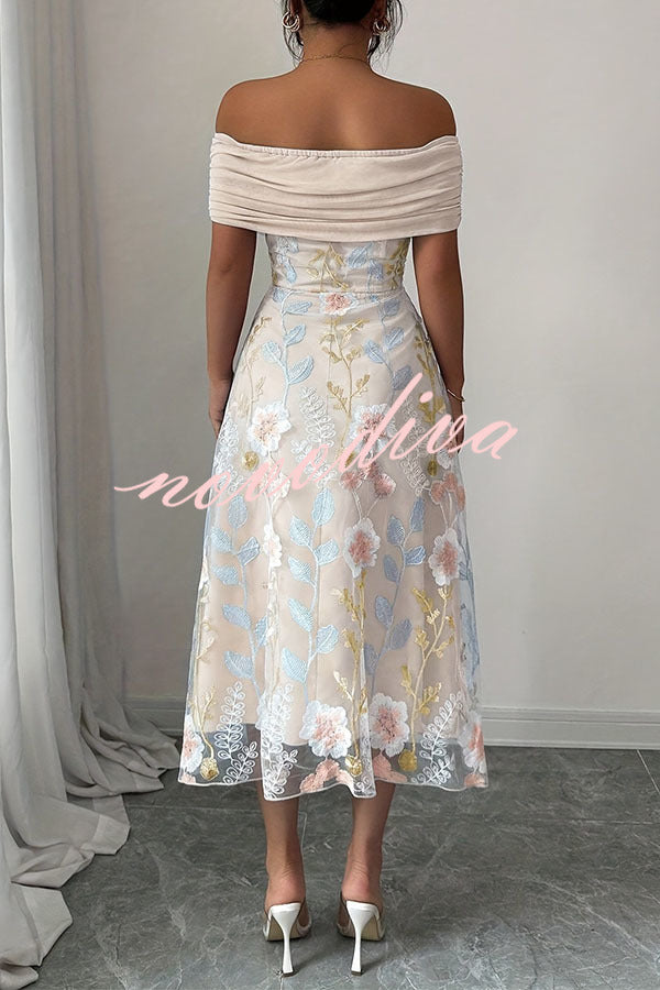 Elegant Ruched Off-Shoulder Floral Appliqué Midi Dress