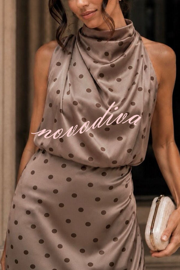 Parisian Satin Polka Dot Print High Neck Sleeveless Drape Maxi Dress