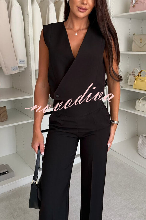 Office Hours V-neck Button Tank and Pleated High Rise Pocket Loose Pants Set