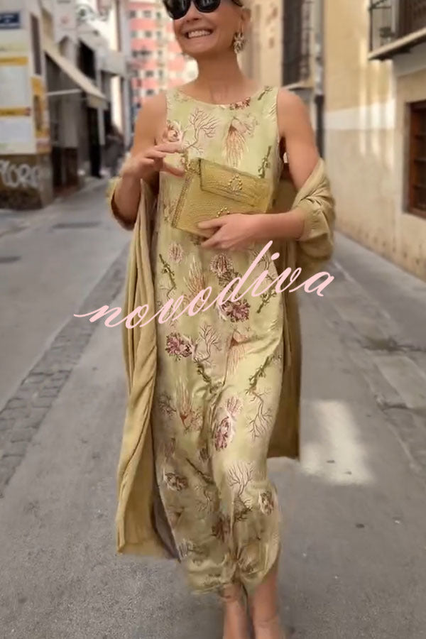 Riviera Unique Print Slit Tank Midi Dress and Satin Kimono Cover-up Two Pieces Set