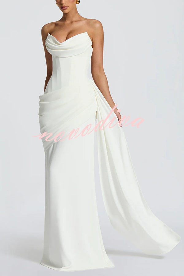 Matisse Strapless Pleated Cowl Overlay Back Lace-up Drape Panel Maxi Dress