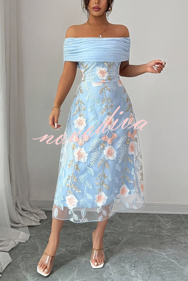 Elegant Ruched Off-Shoulder Floral Appliqué Midi Dress