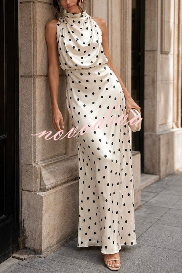 Parisian Satin Polka Dot Print High Neck Sleeveless Drape Maxi Dress