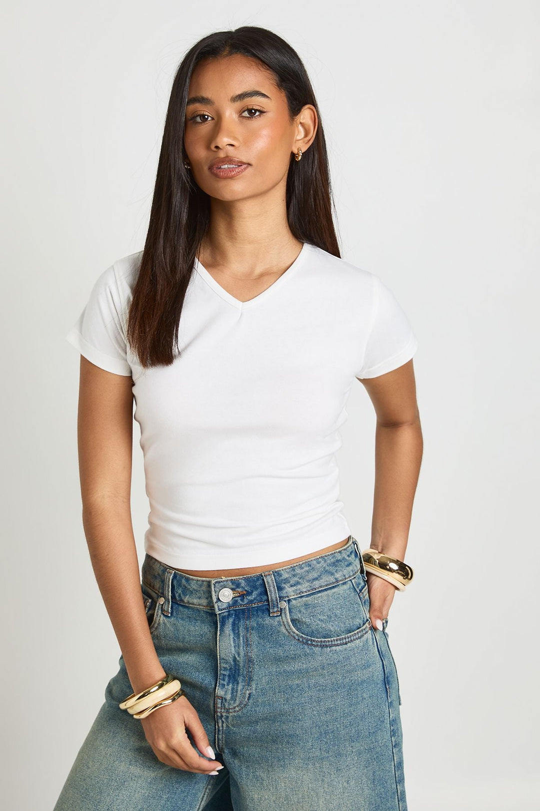 Diep V-Hals Aansluitend T-Shirt voor Dames