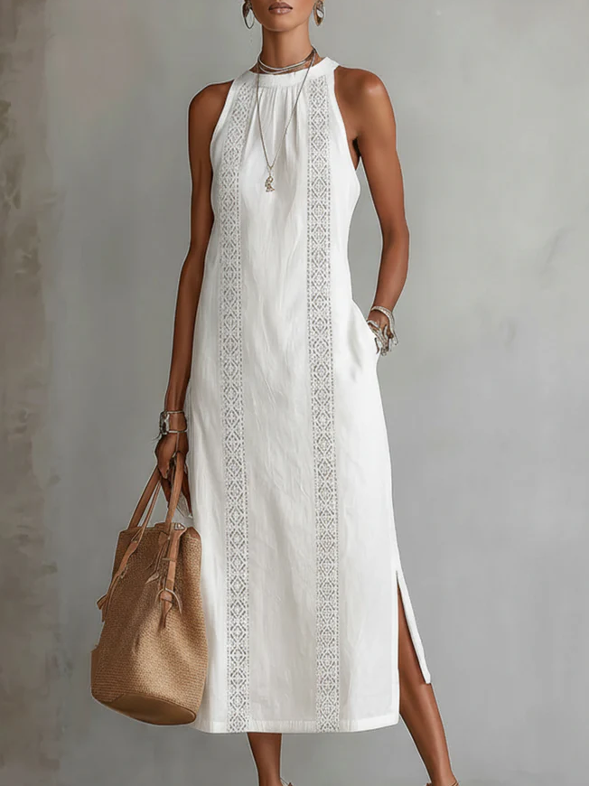 Celine | Robe midi sans manches à détails en dentelle