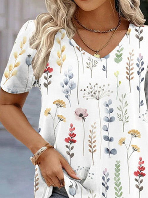 Losvallend Bloemen V-hals Shirt Plus Size | Sera & Zena