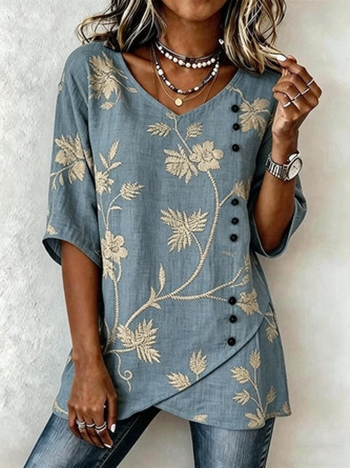 V-hals Blouse met Botanisch Print | Losjes Zomerblouse