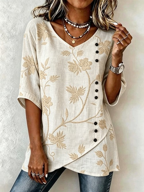V-hals Blouse met Botanisch Print | Losjes Zomerblouse