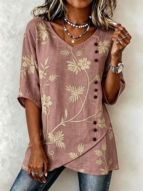 V-hals Blouse met Botanisch Print | Losjes Zomerblouse