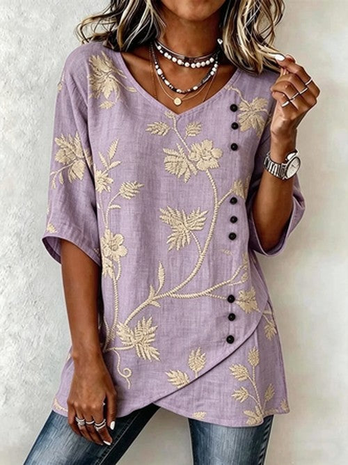 V-hals Blouse met Botanisch Print | Losjes Zomerblouse