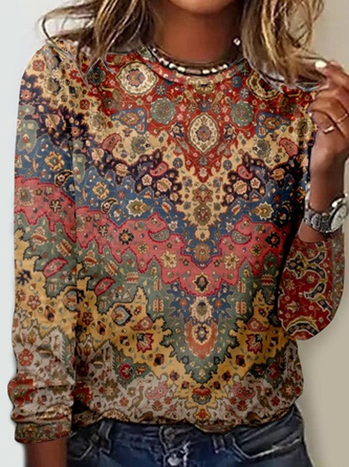 Dames Casual Shirt met Abstract Grafische Print en Ronde Hal