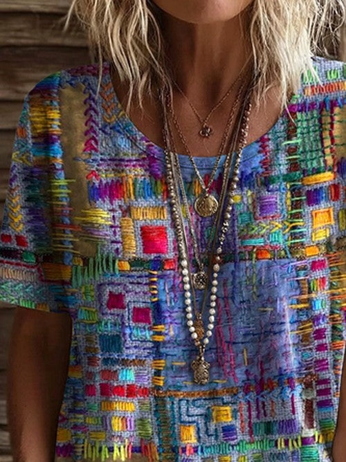 Dames T-shirt Paars Abstract Print Korte Mouw Jersey